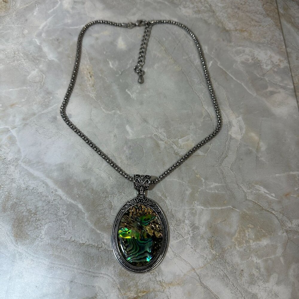 Abalone Shell & Silver Oval Pendant Necklace With Adjustable Chain